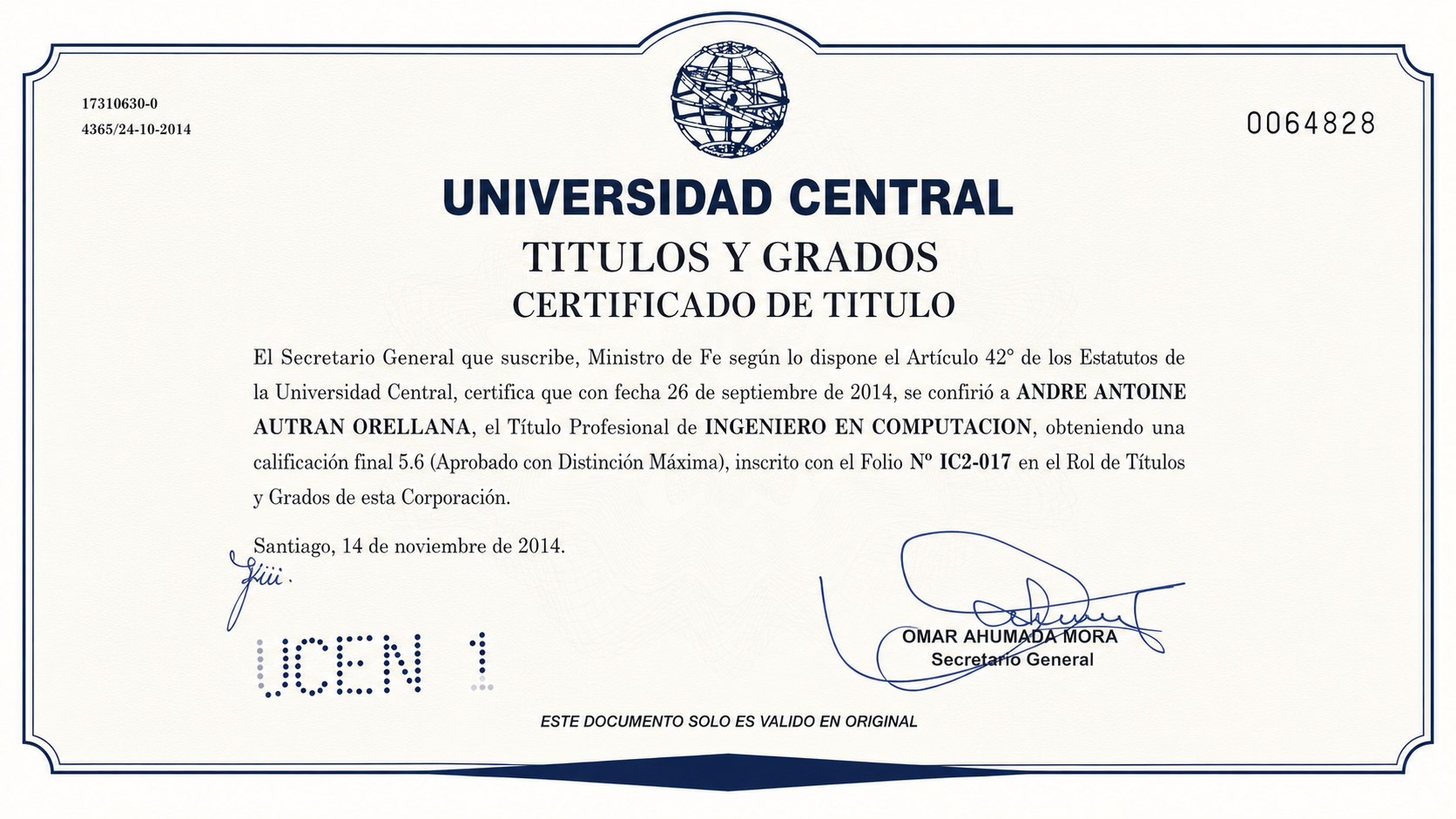 Certificación Ingeniero en Computación · Distinción Máxima